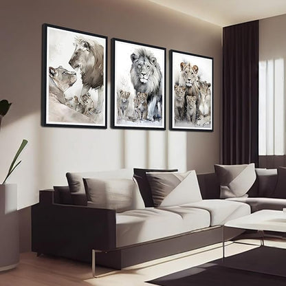 Wildlife Themed Framed Canvas Wall Art Set of 3 Lion Family Portrait Wall Decor for Country Apartment Living Room Bedroom Modern African Animal Artwork Decoration Easy to Hand 24x36inchx3pcs