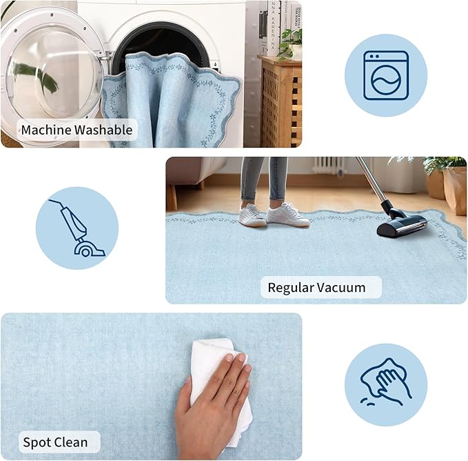 GarveeHome Scalloped Area Rugs 8x10 for Girls Bedroom, Solid Blue Large Washable Rug Soft Non Slip Backing Floor Mat Carpet Indoor Thin Rug for Living Room Dining Room Playroom Nursery Home Decor