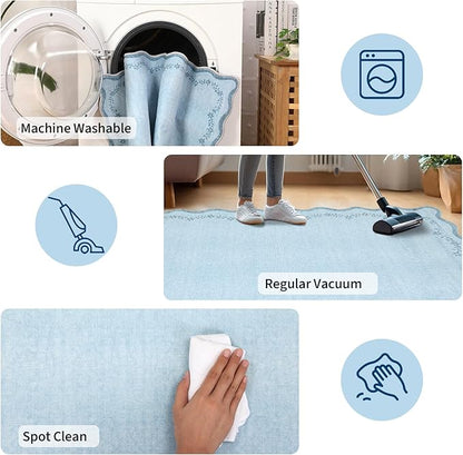 GarveeHome Scalloped Area Rugs 8x10 for Girls Bedroom, Solid Blue Large Washable Rug Soft Non Slip Backing Floor Mat Carpet Indoor Thin Rug for Living Room Dining Room Playroom Nursery Home Decor