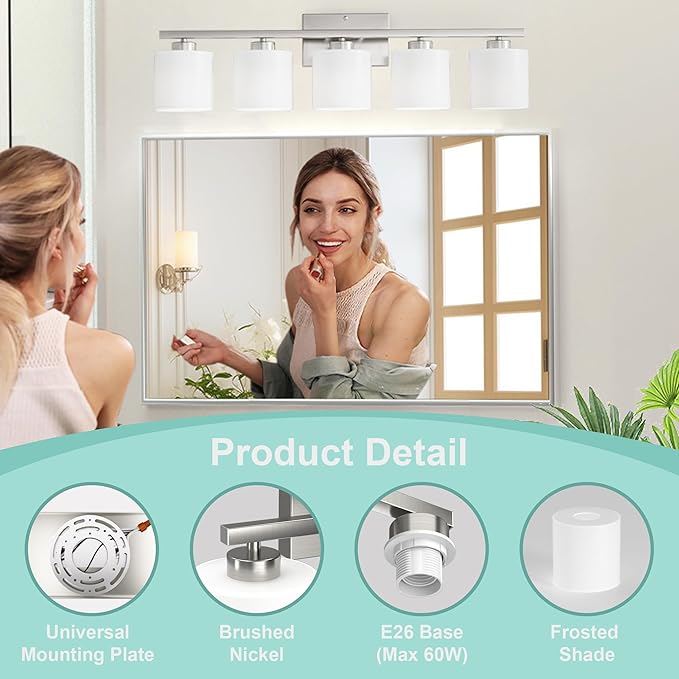 Honesorn Modern Vanity Lights - 5-Light Bathroom Fixture with Frosted Shade & Anti-Rust Nickel Finish