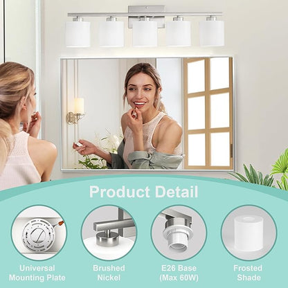 Honesorn Modern Vanity Lights - 5-Light Bathroom Fixture with Frosted Shade & Anti-Rust Nickel Finish
