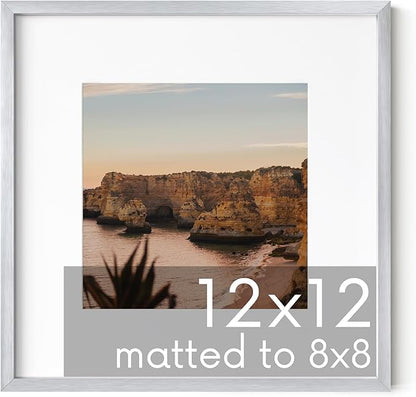 HAUS AND HUES 12x12 Silver Metal Picture Frame Matted to 8x8 - Premium Aluminum with Hanging Hardware, Shatterproof Plexiglass - Ideal for Home or Office (12x12 in, Silver, Set of 1)