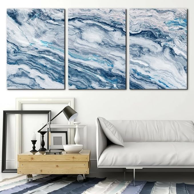 Abstract Wall Art Bedroom Wall Décor 3 Piece Blue Beach Ocean Picture Coastal Theme Nautical Sea Wave Canvas Prints on Canvas Seascape Modern Artwork for Home Living Room Office - 20"x28"x3 Panel