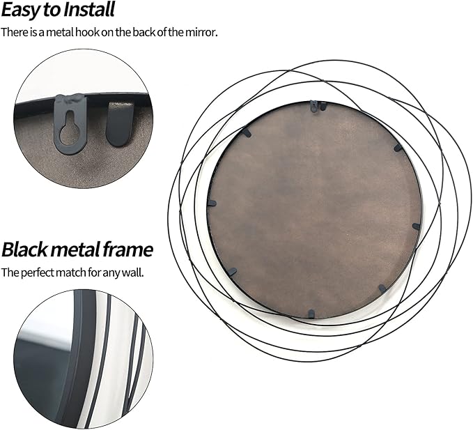 ironsmithn Round Wall Mirror, Black Metal Frame Mirror with Orbital Design, Rounded Hanging Mirrors Decorative, Circle Mirrors for Bathroom Vanity Living Room Bedroom, 26.8" x26.8"