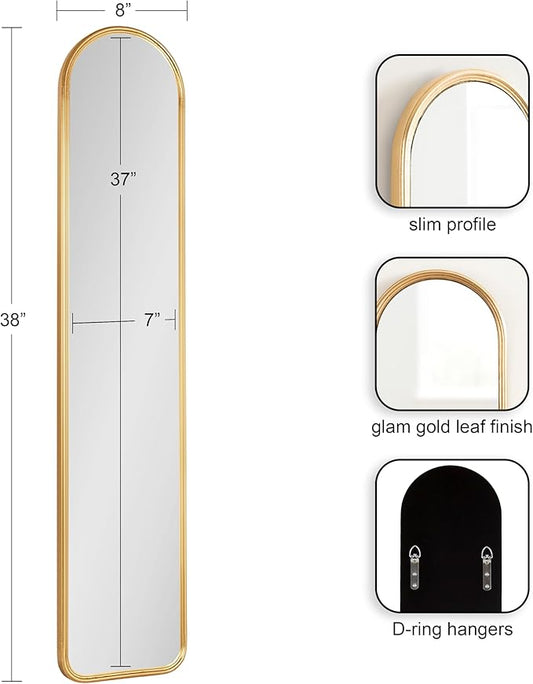 Kate and Laurel Caskill Slim Panel Wall Mirror; 8 x 38; Gold; Glam Tall Arch Mirror Wall Decor for Use as Skinny Entryway Mirror; Decorative Bedroom Mirror; or Cute Nursery Mirror