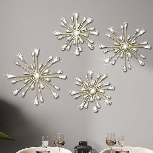 Hicarer 4 Pcs Starburst Wall Decor Bling Wall Art Crystal Teardrop 3D Hanging Rhinestone Radial Metal Artwork Modern Accent Sculptures Decorations for Living Room Home Office Bedroom(Gold)