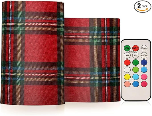 ALAZA Holiday Red Green Buffalo Tartan Plaid Flickering Flameless Candles Battery Operated with Remote Timer,Tea Light Candles LED Pillar Votive Candles Set of 2 for Outdoor Indoor Decorations