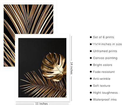 HoozGee Gold Leaf Art Prints Modern Black Gold Botanical Tropical Plant Leaves Art Wall Pictures Canvas Prints Gallery Wall Art Poster Wall Decor Bedroom Room Home Decor (11"x14" UNFRAMED)