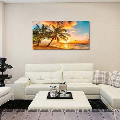 EPHANY Golden Ocean Beach Palm Wall Art Art - 1 Piece Canvas Wall Art Sunset See Tree Landscape Canvas Paintings Posters Print on Canvas Stretched and Framed Ready To Hang (F-1pcs,20x40inchx1pcs)