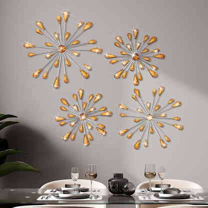 Hicarer 4 Pcs Starburst Wall Decor Bling Wall Art Crystal Teardrop 3D Hanging Rhinestone Radial Metal Artwork Modern Accent Sculptures Decorations for Living Room Home Office Bedroom(Amber)