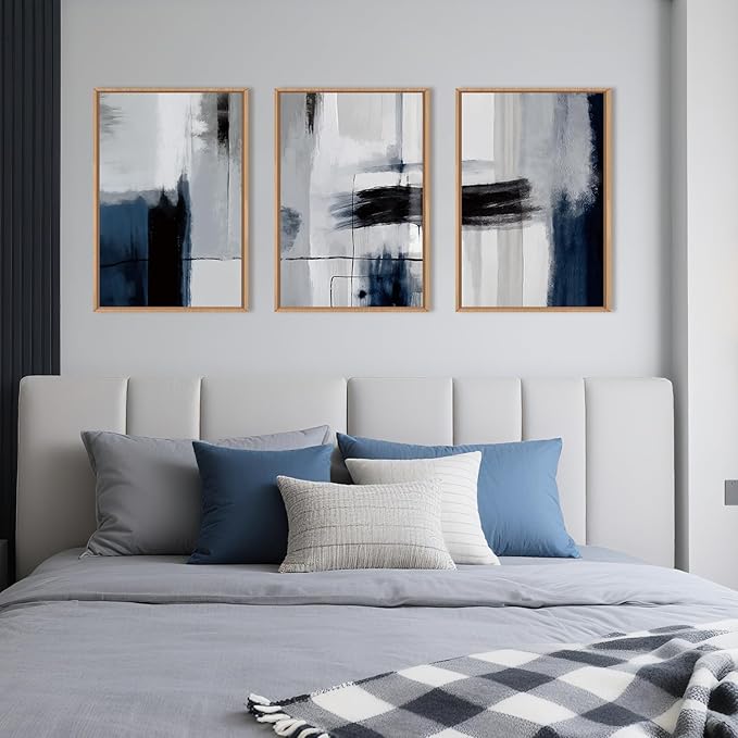 DRACIT Large Abstract Navy Blue Color Block Framed Canvas Print Wall Art Set,Gray White Modern Neutral Brush Strokes Wall Decor,Minimalist Blue Toned Geometric Line Artwork for Living Room,Bedroom-24"x36"x3