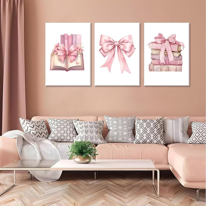JBZZD Coquette Pink Bow Canvas Wall Art Set of 3,Book Lovers Gifts Preppy Decor Trendy Pink book Posters Pictures Prints Aesthetic for Girls Room College Apartment Living Room Bedroom Framed 12x16 In