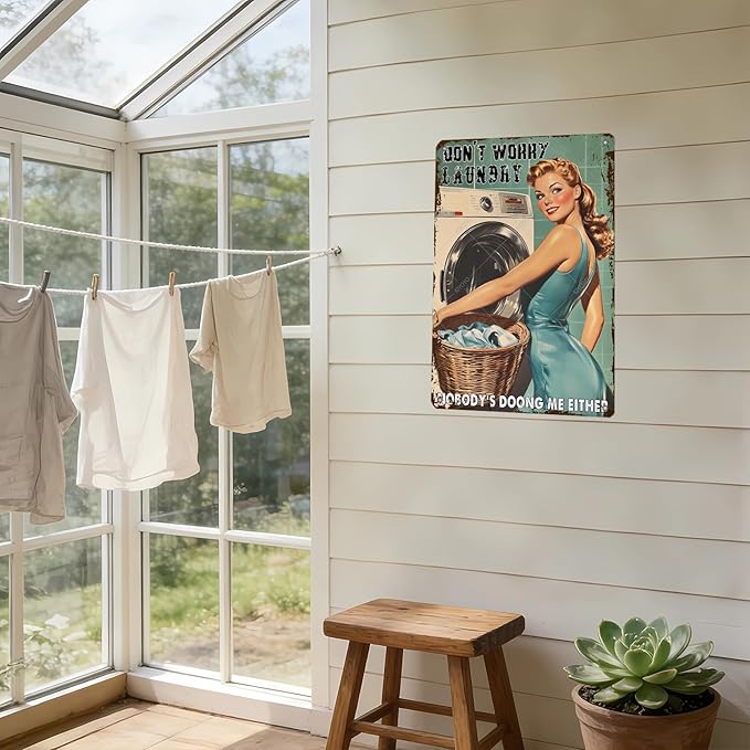 Don't Worry Laundry Vintage Tin Sign Funny Sarcastic Retro Housewife Design Mom Laundry Room Wall Decor 16x12 Inch