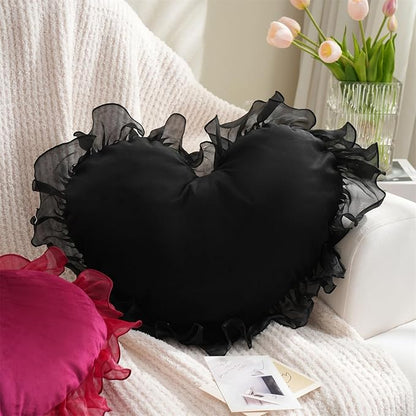 MOJUN Heart Pillows, Black Heart Shaped Pillow with Ruffles Cute Soft Heart Love Pillows Decorative Throw Pillows Cushion for Sofa Couch Bed Living Room Decor Gifts