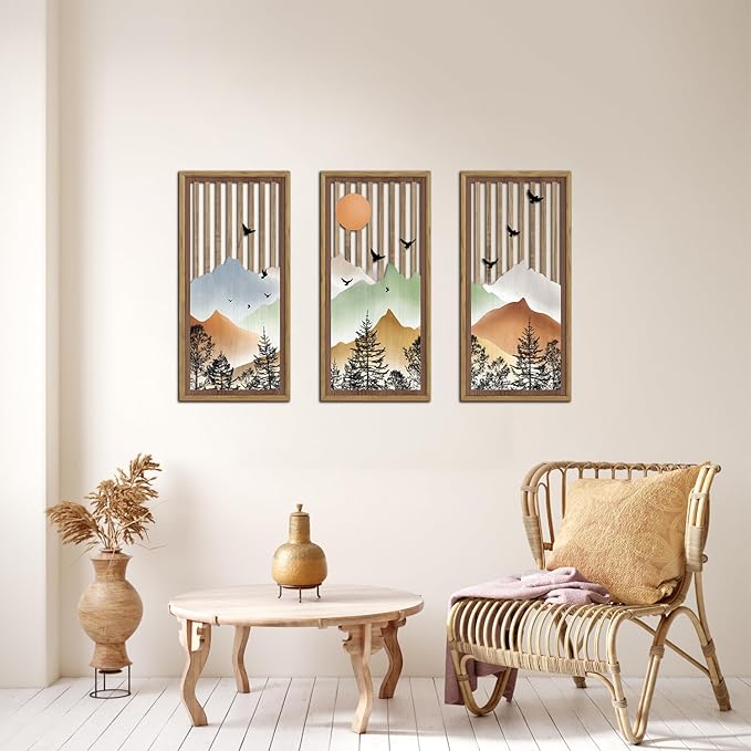 KAIRNE Mountain Landscape Wooden Wall Decor Set or 3(16”X8”) Framed,Boho Orange Wood Hanging Decor,Nature Bohemian Wall Art,Vintage Farmhouse Wooden Sign for Bedroom Living Room Office Decoration