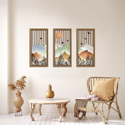 KAIRNE Mountain Landscape Wooden Wall Decor Set or 3(16”X8”) Framed,Boho Orange Wood Hanging Decor,Nature Bohemian Wall Art,Vintage Farmhouse Wooden Sign for Bedroom Living Room Office Decoration