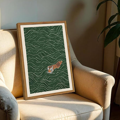 Framed Japanese Tiger Wall Art, Vintage Tiger Swimming Pictures Wall Decor, Funny Wild Animal Paintings Canvas Prints Eclectic Home Decor for Living Room Bedroom Bathroom 12x16 inch