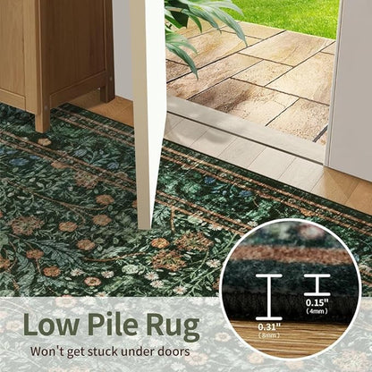 Rugxara 5x7 Area Rugs for Living Room Bedroom, Large Washable Rug, Green Vintage Floral Boho Rug, Non Slip & Low Pile Faux Wool Thin Carpet for Indoor Dining Room and Kids Room(Green 5x7ft)
