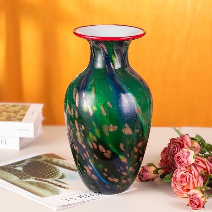 KAMMAK Colored Glass Vase, Beautiful Hand Blown Decorative Vase, Modern Art Vase for Flower Mantle Dining Table Centerpiece, Entryway Living Room Wedding Decoration, 8HPHL010