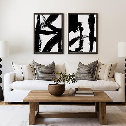 Black and White Wall Art Abstract Modern Painting Minimalist Line Canvas Wall Art Decor Black And White Poster Abstract Artwork Prints for Living Room Bedroom 16x24 Inch Framed Set of 2