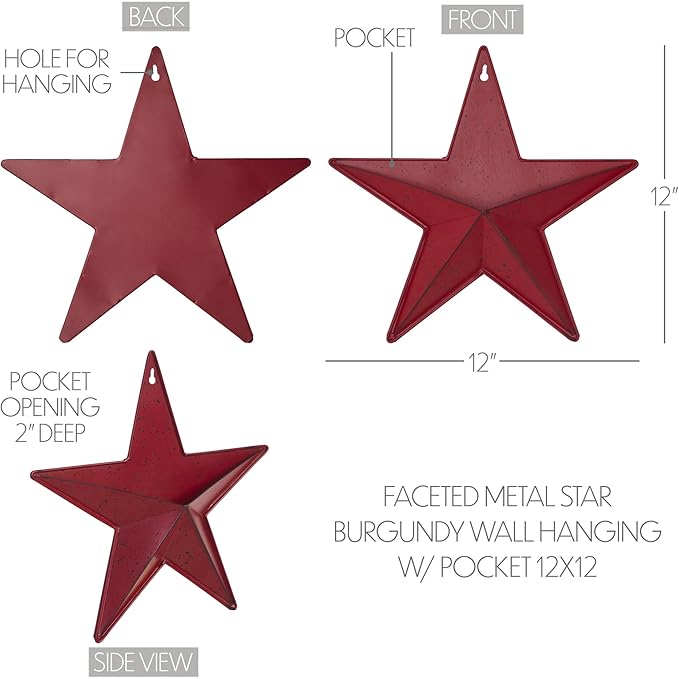 VHC Brands Patriotic Faceted Metal Star Burgundy Wall Hanging With Pocket 12x12, Independence Day Decor, American Star Display, Distressed Appearance, Burgundy