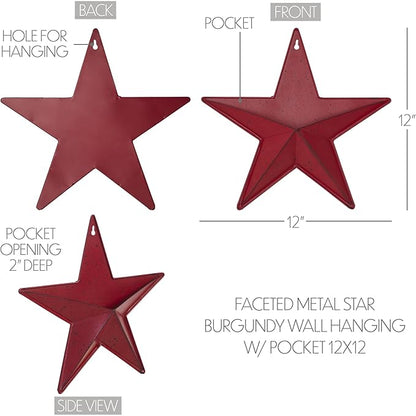 VHC Brands Patriotic Faceted Metal Star Burgundy Wall Hanging With Pocket 12x12, Independence Day Decor, American Star Display, Distressed Appearance, Burgundy