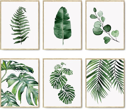HoozGee Green Botanical Wall Art Print Set of 6 Natural Plant Leaves Home Decor Boho Leaf Bathroom Wall Art Canvas Plant Posters Leaf Art Prints Poster Set Room Decor (8"x10" UNFRAMED)
