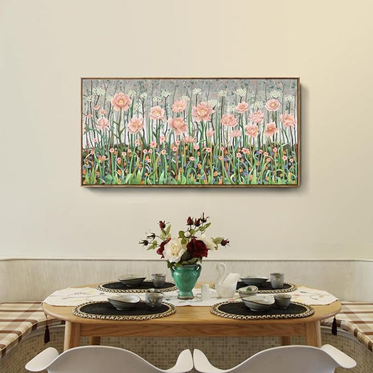 Large Framed Country Living Room Wall Art, Modern Pink And Green Wildflower Canvas Artwork, Natural And Idyllic Landscape Print Picture For Bedrooms, Dining Rooms, Offices, And Studies. 48X24 Inches.