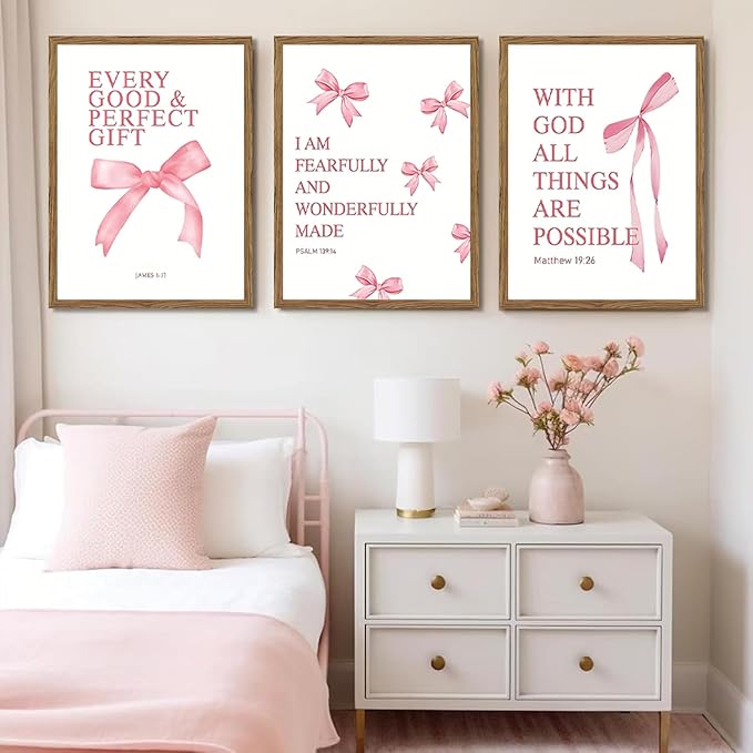 JBZDD Wood Coquette Pink Bow Canvas Wall Art Set of 3, Inspirational Bible Verses Decor Posters Pictures Prints Aesthetic for Girls Room College Apartment Living Room Bedroom Framed 12x16 Inch