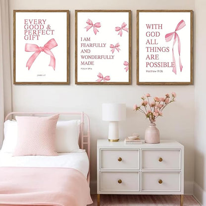 JBZDD Wood Coquette Pink Bow Canvas Wall Art Set of 3, Inspirational Bible Verses Decor Posters Pictures Prints Aesthetic for Girls Room College Apartment Living Room Bedroom Framed 12x16 Inch