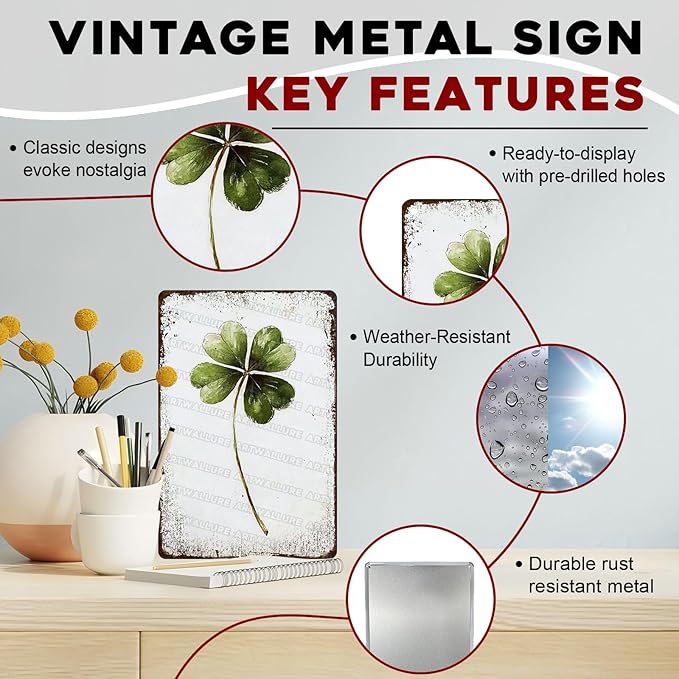 Retro Metal Tin Sign Four Leaf Clover Art Rustic Wall Decor Good Luck Charm Decor Green Nature Wildlife Watercolor Metal Sign Meadow Flower Modern Floral Garden Home Decor 8x12inch
