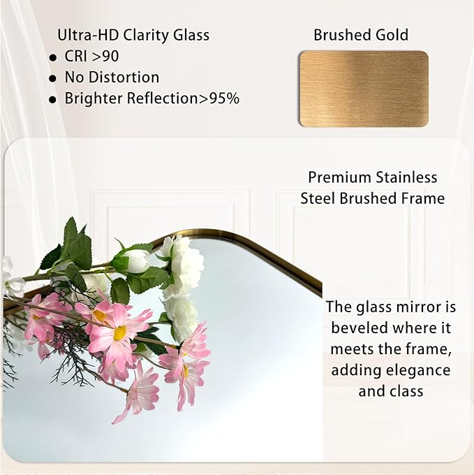 POZINO Brushed Gold Beveled Mirrors, 24"x40" Bathroom Vanity Mirror for Over Sink, Butterfly Shaped Mirrors Decorative, Modern Rectangle Aesthetic Wall Mirror for Living Room Bedroom Hallway Entryway