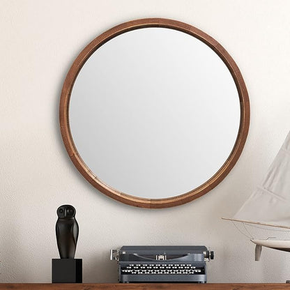 LYYYXGYP Round Wood Mirror 30 Inch Farmhouse Wall Mirror Wooden Framed Brown Circle Mirror for Bathroom Vanity Living Room Bedroom