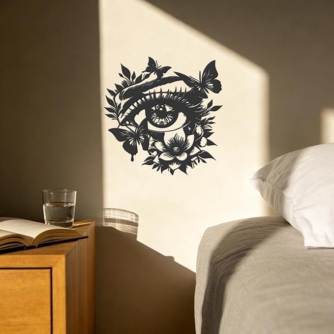 JEWLOVE Eye with Butterfly & Flowers 3D Metal Wall Art - Black Metal Butterfly Wall Decor, Rustic Nature Themed Wall Sculpture for Living Room, Bedroom, 12.4" x 12.4"