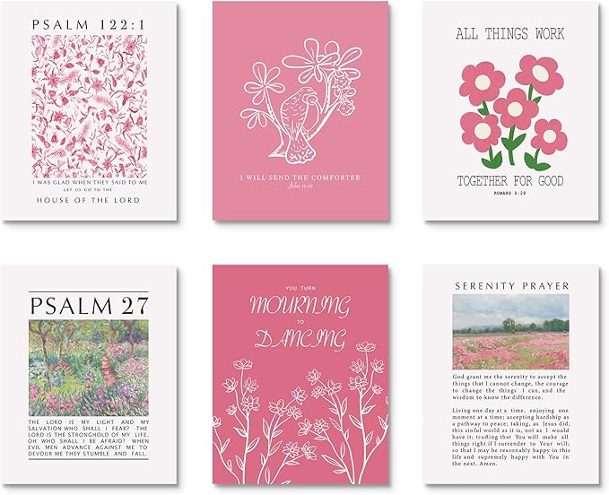 Habseligkeit Pink Flower Wall Art Prints, Retro Wall Decors for Room Aesthtic, Abstract Posters for Girls Bedroom Decor Aesthetic Unframed, 8X10in, Set of 6