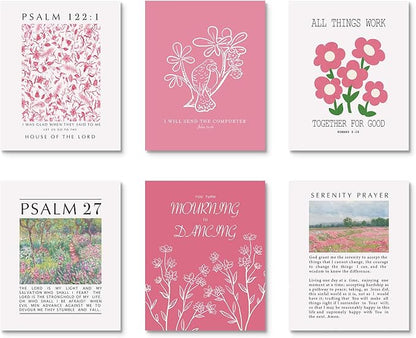 Habseligkeit Pink Flower Wall Art Prints, Retro Wall Decors for Room Aesthtic, Abstract Posters for Girls Bedroom Decor Aesthetic Unframed, 8X10in, Set of 6