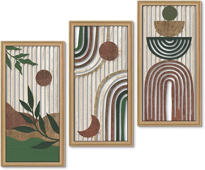Putuo Decor Boho Wall Art Set of 3 Modern Minimalist Wooden Wall Decor Abstract Earth Tone Room Decorations Mid Century Artwork for Living Room Bedroom Office in Earthwood Canyon 16.5 x 8.6 Inch