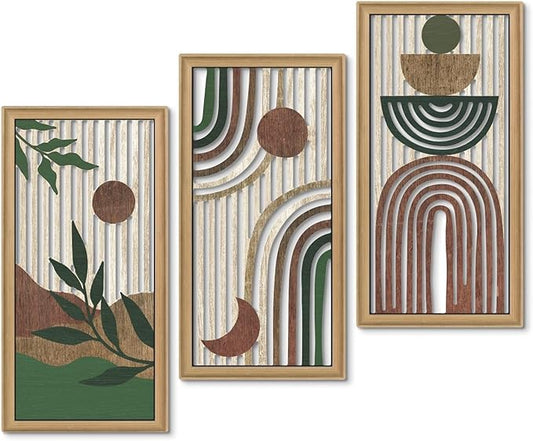 Putuo Decor Boho Wall Art Set of 3 Modern Minimalist Wooden Wall Decor Abstract Earth Tone Room Decorations Mid Century Artwork for Living Room Bedroom Office in Earthwood Canyon 16.5 x 8.6 Inch