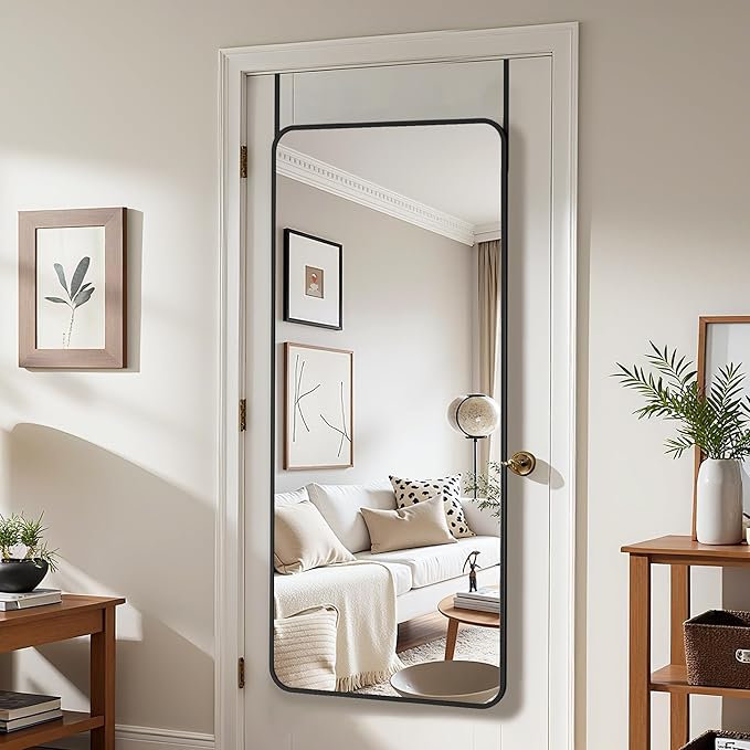 Antok Over The Door Mirror Full Length, 58'' x 21''Wall Mounted Hanging Mirror, Aluminum Alloy Frame, Shatterproof Glass, No Drill Installation for Bedroom, Closet, Bathroom, Dorm, Round Corner,Black