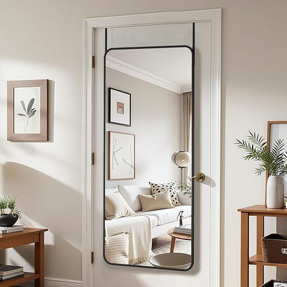 Antok Over The Door Mirror Full Length, 58'' x 21''Wall Mounted Hanging Mirror, Aluminum Alloy Frame, Shatterproof Glass, No Drill Installation for Bedroom, Closet, Bathroom, Dorm, Round Corner,Black