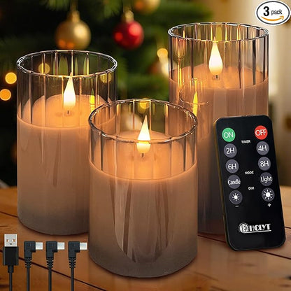 LEDHOLYT Rechargeable Flameless Candle, Flashing LED Pillar Real Wax Candle with Remote Control and Timer, Grey Stripes Glass Electronic Candles for Room Decoration, 1 Set of 3