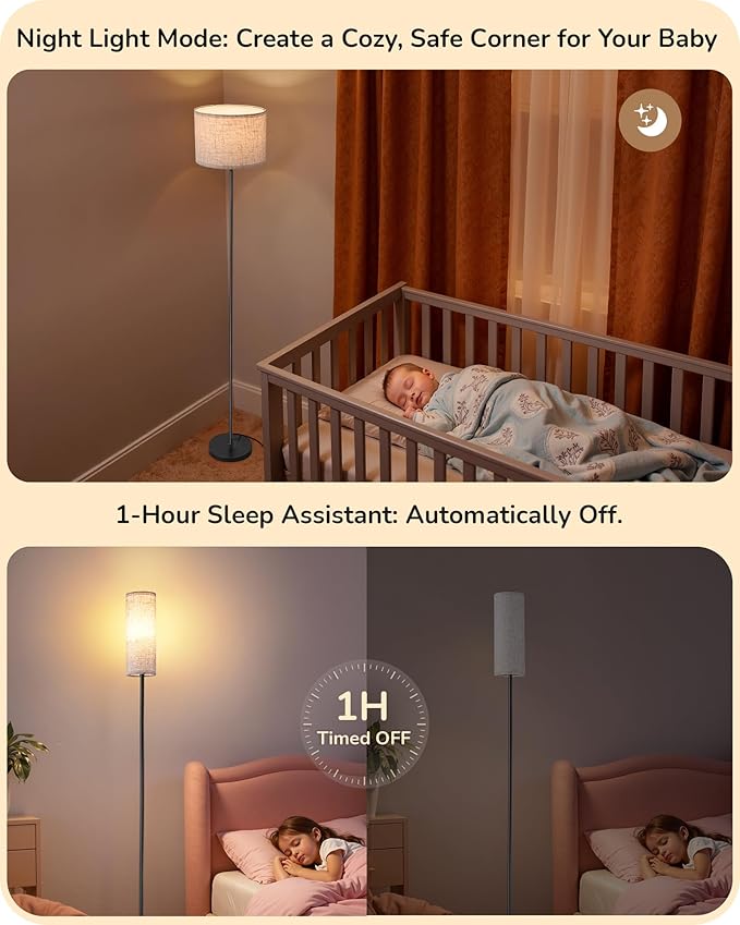 EDISHINE Upgraded Floor Lamps with 2 Lampshades, 63.7" Modern Standing Lamp with Foot Switch and Remote Control, Stepless Dimmable Minimalist Lamps for Bedroom, Office, (9W LED Bulb Included), Black