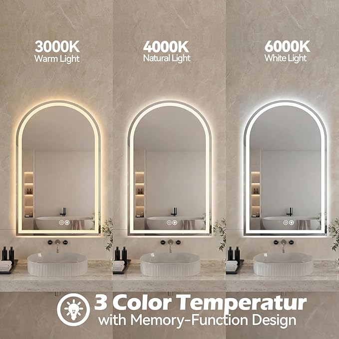 Sweetcrispy 20“×28” LED Bathroom Backlit Mirror with Lights, Arched Lighted Bathroom Vanity Mirror with Anti-Fog, Dimmable, 3-Color Light, Memory Function, Tempered Glass, Water-Proof Design