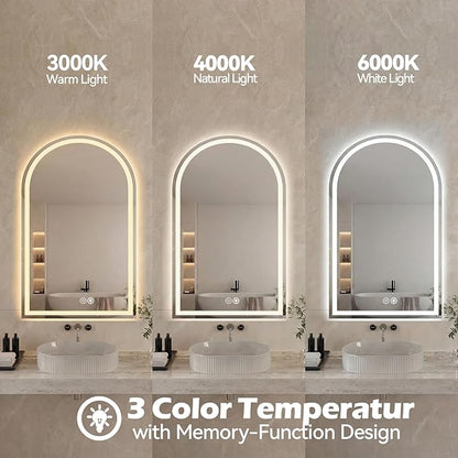 Sweetcrispy 20"×28" LED Bathroom Mirror with Lights, Arched Vanity Mirror with Anti-Fog, Dimmable, 3-Color Light, Memory Function, Tempered Glass