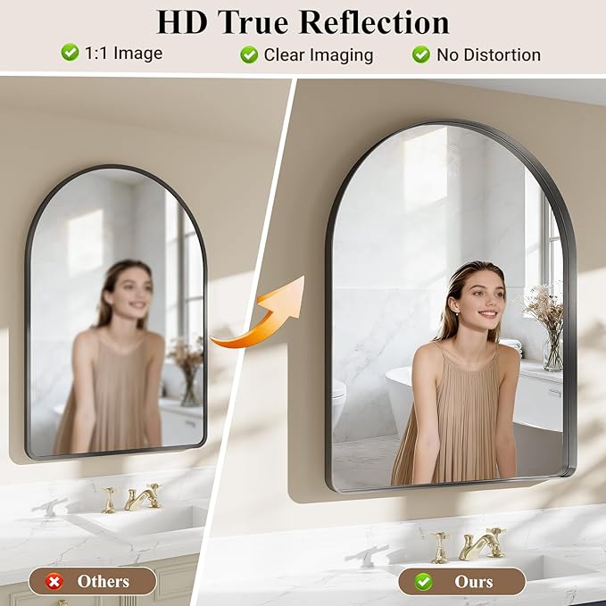 Arched Bathroom Mirror, 36"x40" Black Mirror for Wall Mounted Vanity Mirror for Over Sink with Tempered Glass, Aluminum Alloy Deep Frame, Farmhouse for Bedroom, Entryway, Living Room