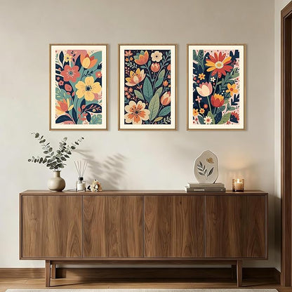 KAIRNE Vintage Colorful Floral Framed Canvas Wall Art Set,Mid Century Modern Flower Wall Decor,Retro Wildflower Art Prints,Boho Botanical Artwork for Living Room,Bedroom,Farmhouse,Office-24 x36 x3