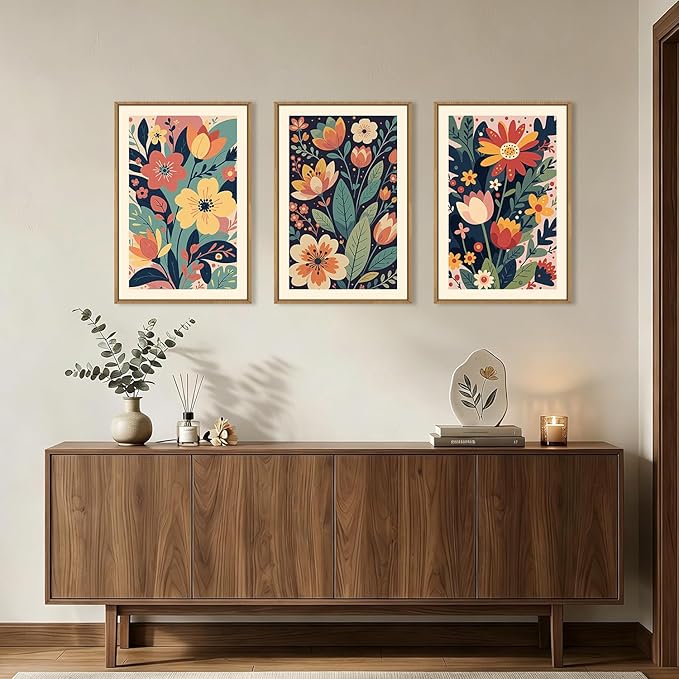 KAIRNE Vintage Colorful Floral Framed Canvas Wall Art Set,Mid Century Modern Flower Wall Decor,Retro Wildflower Art Prints,Boho Botanical Artwork for Living Room,Bedroom,Farmhouse,Office-16 x24 x3