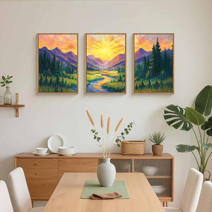 HPNIUB Boho Sunrise Mountain Framed Wall Art Set,Colorful Nature Wilderness Wall Decor,Abstract Landscape Art Print,Sunset Pine Tree Artwork for Living Room, Bedroom,Dining Room,Office-24 x36 x3