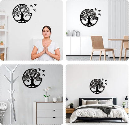 Tree of Life Wall Art Wooden Tree Life Wall Decor with Three Birds 12 Inch Round Family Tree Life Wall Hanging Plaque for Bedroom Living Room Kitchen Office Farmhouse Decor Indoor Outdoor (Round Tree of Life - Black)