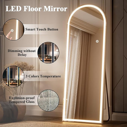 Arched LED Mirror Full Length - 65" x 26" Mirror Full Length with Light, Wall Mounted Full Body for Bedroom/Dressing Room, 3 Color Lighting, White